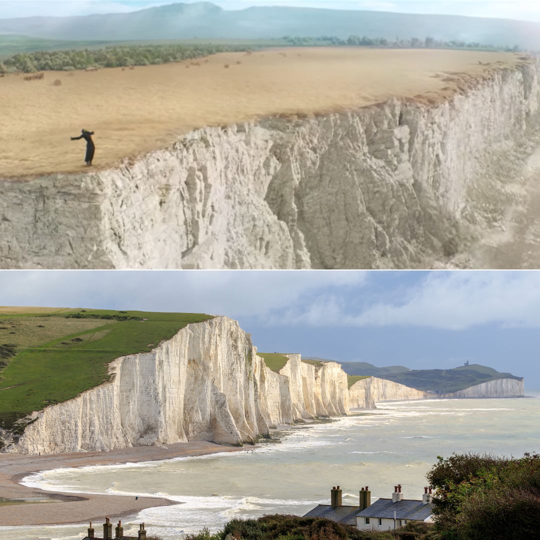 A composite of two images of Wicked filming locations, one showing Elphaba singing atop white cliffs, and the other showing the white cliffs of the Seven Sisters National Park in England