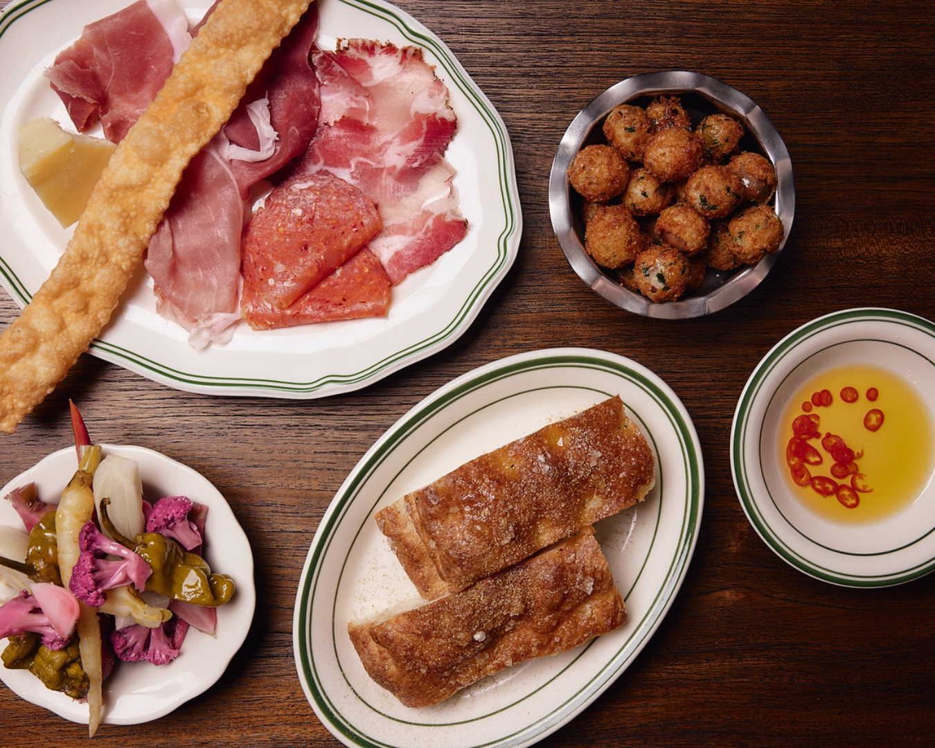 Bar Bruno's pickles, crumbed olives, tagliere di bruno 