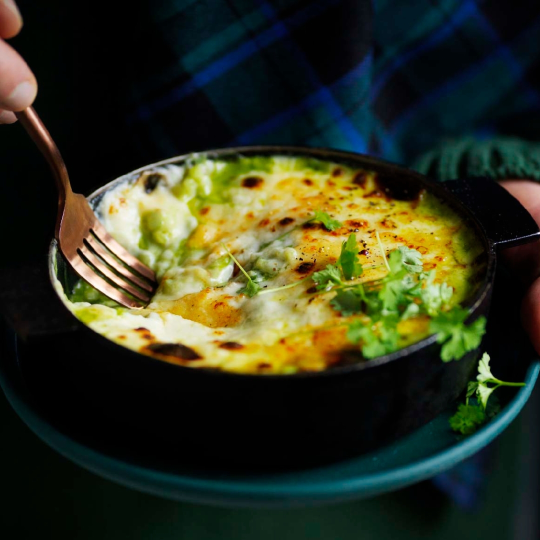 Leek risotto and raclette gratin