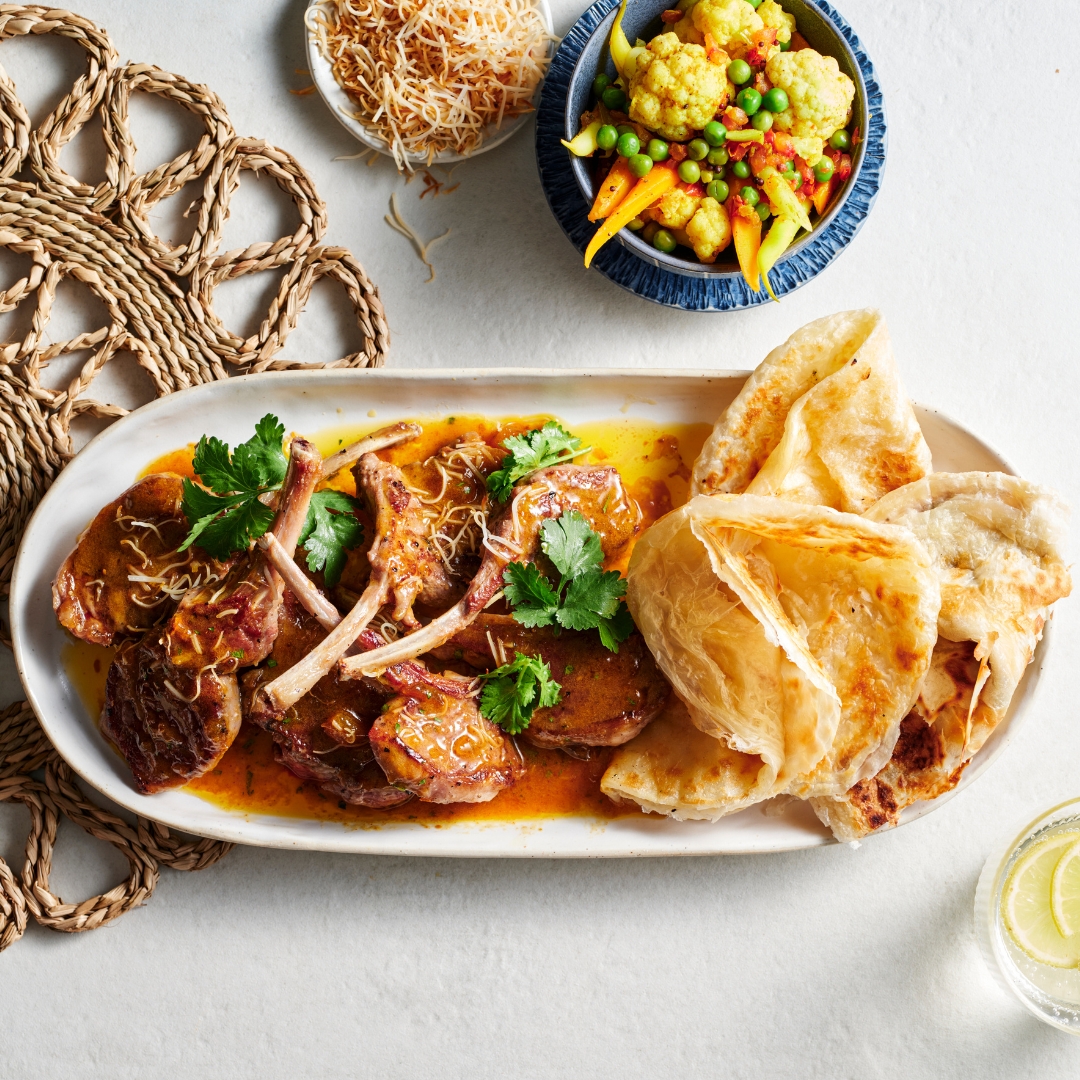 Mango pickle butter roasted lamb with roti