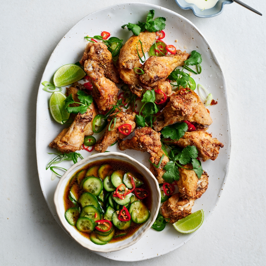 Salt and pepper chicken drumettes with cucumber salad