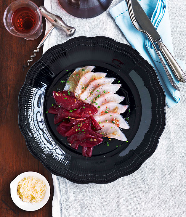 Sashimi of mulloway with beetroot pickle