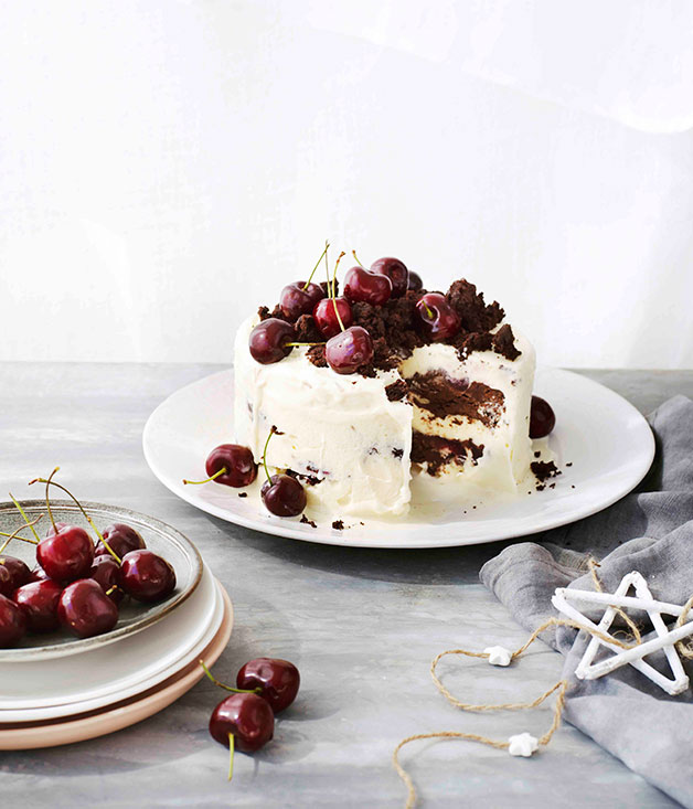 Chocolate cherry fudge and coconut ice-cream cake