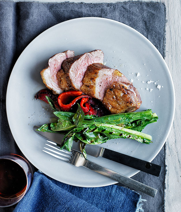 Grilled lamb rump with roasted peppers and grilled dandelion