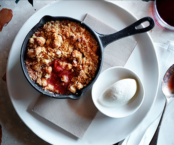 Rhubarb, strawberry and pink peppercorn crumble with chamomile ice-cream