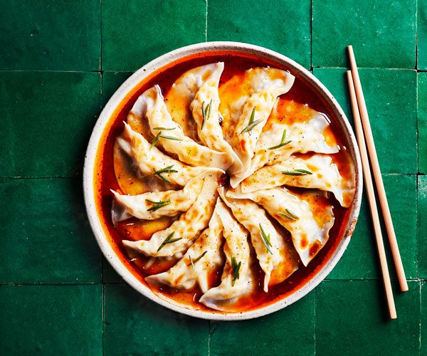 Prawn dumplings with organic tamari and chilli dressing 