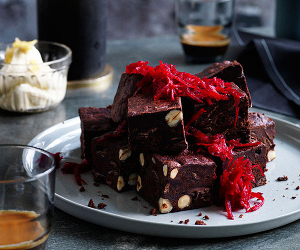 Beetroot brownies with ginger crème fraîche