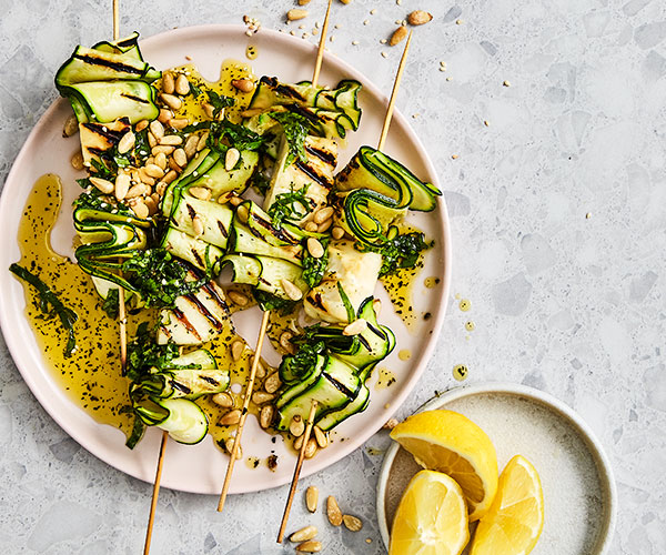Zucchini and haloumi skewers with mint dressing