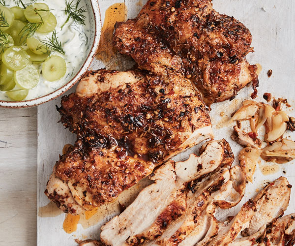 Spiced chicken with grape cacik