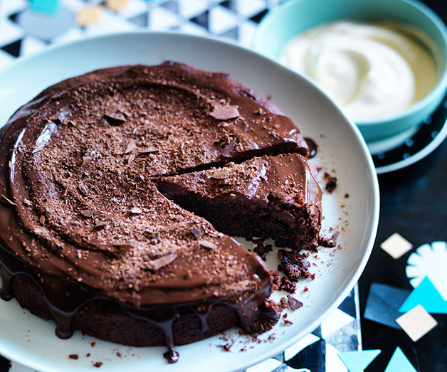Chocolate, prune and walnut cake with sherry and chocolate ganache