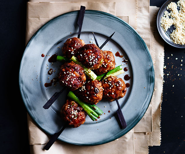 Sticky soy-glazed meatball skewers
