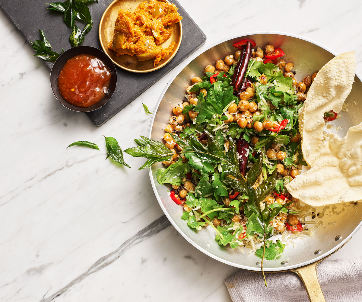 South Indian coconut stir fry with condiments