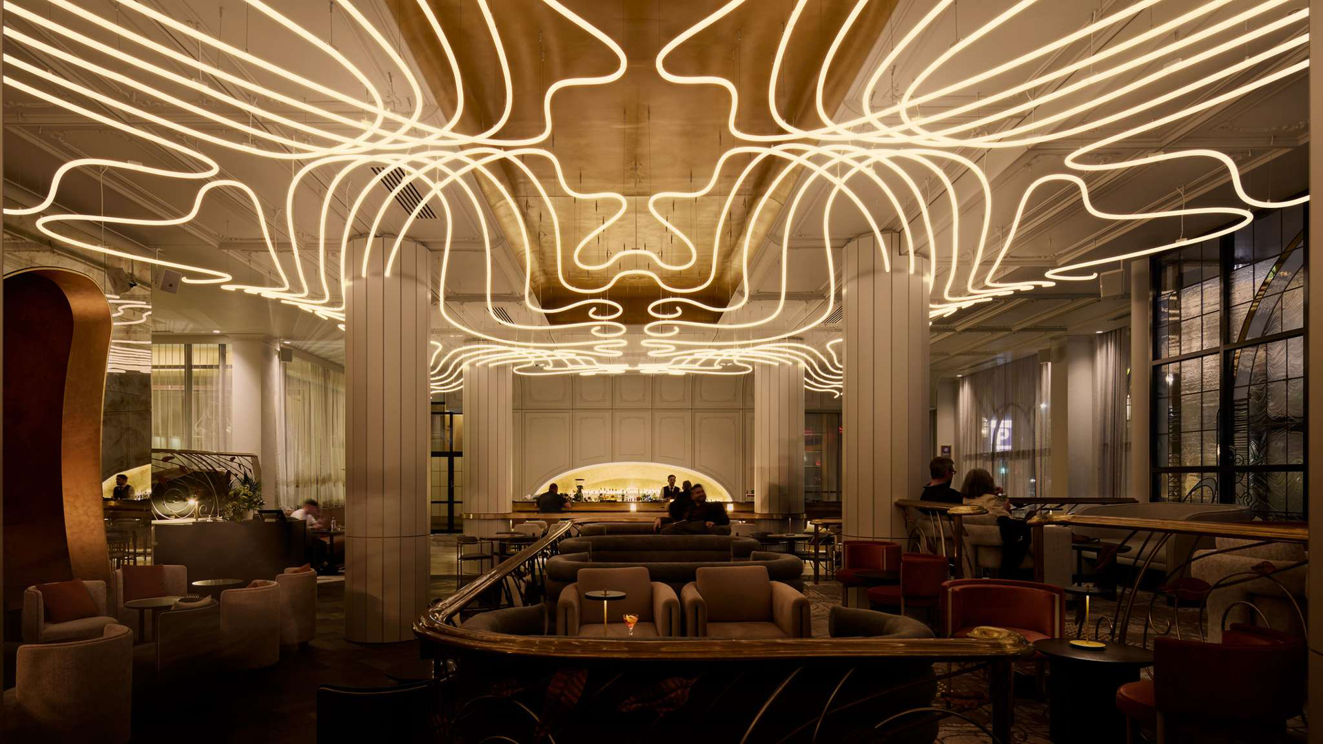Luxury Adelaide hotel restaurant Luma with dramatic ceiling installation at The Playford Adelaide hotel 