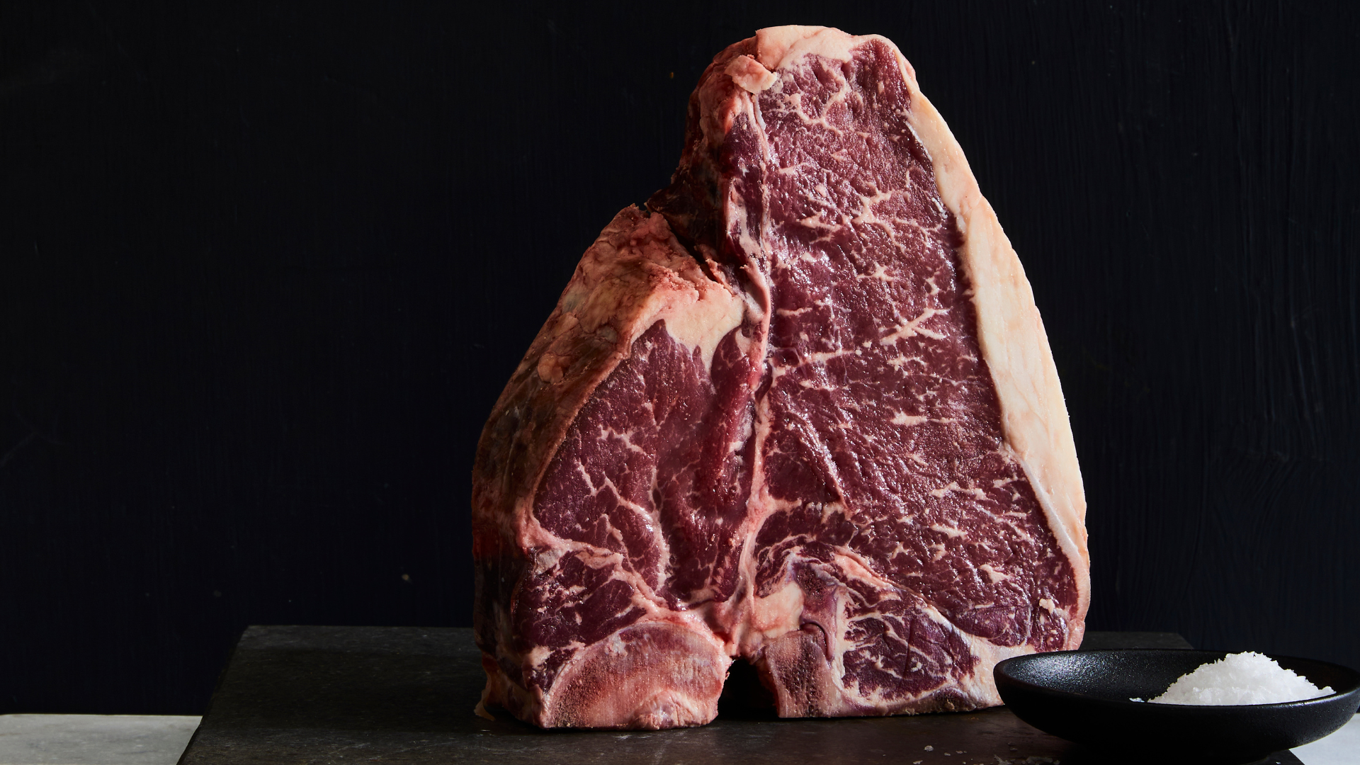Types of steak: a T-bone cut of steak.