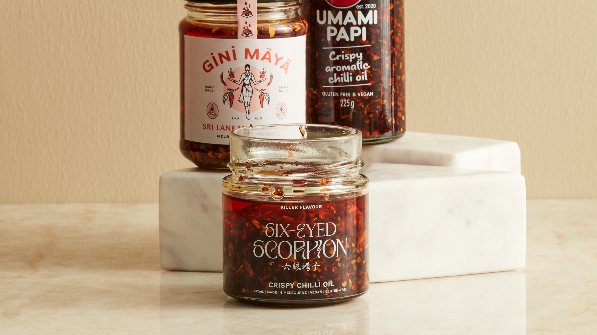Six-Eyed Scorpion, Gini Maya and Umami Papi chili oil