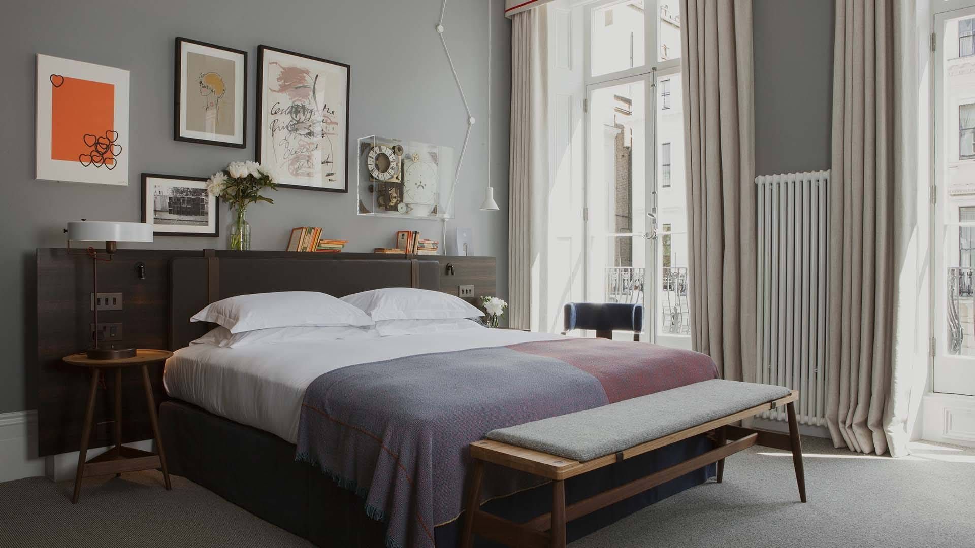 A stylish hotel room in boutique stay The Laslett in London's Notting Hill