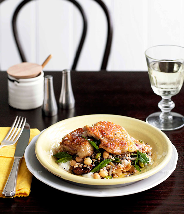 Twice-cooked chicken with grain salad and pancetta