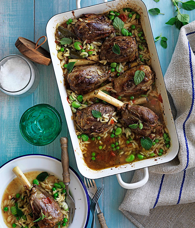 Oreganobraised lamb shanks with broad beans, peas and orzo recipe