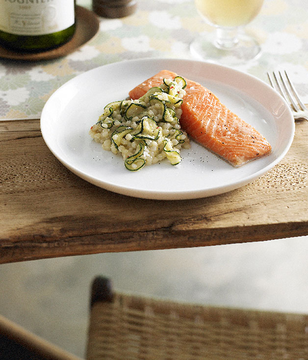 Slowcooked ocean trout with israeli couscous, zucchini, bottarga