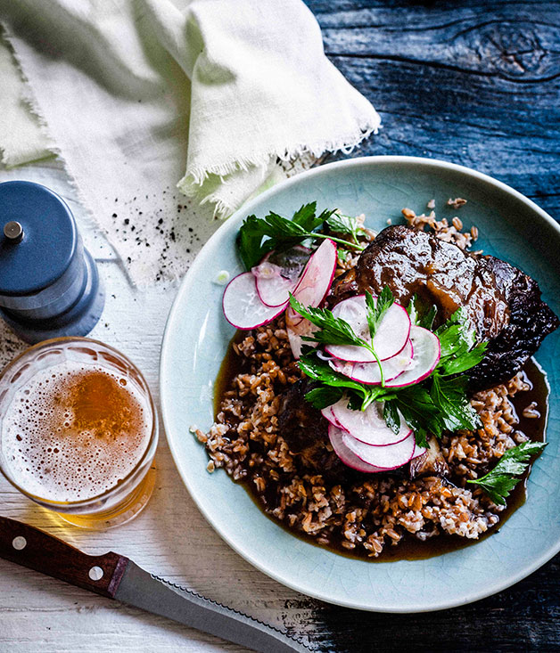 Beer-glazed beef short ribs with farro salad | Gourmet Traveller