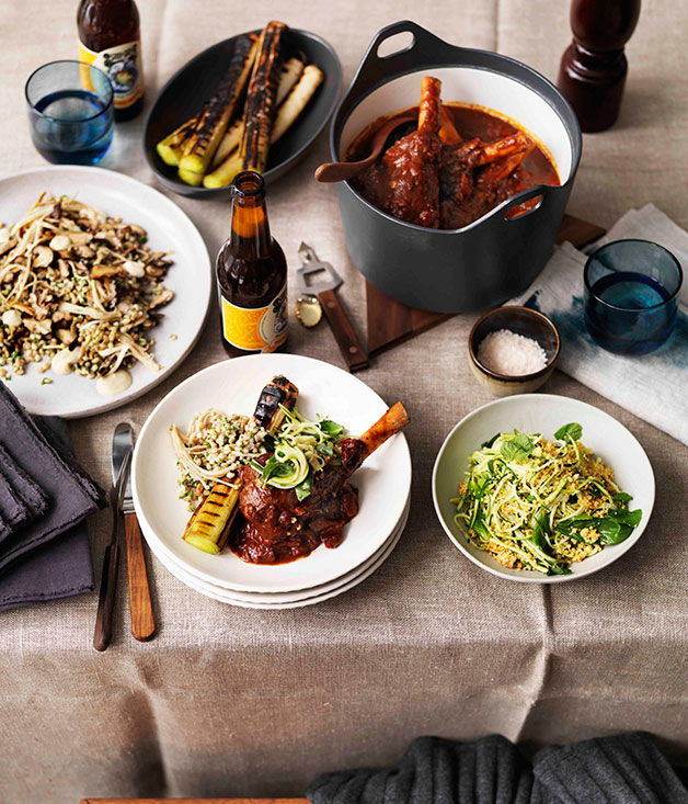Braised lamb shanks, burnt leeks and zucchini salad Gourmet Traveller