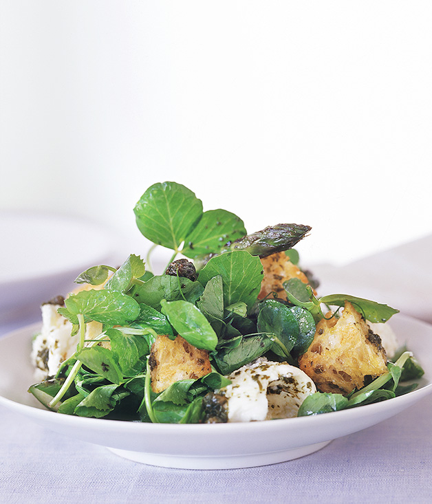 Char-grilled asparagus and mozzarella salad with warm caper vinaigrette