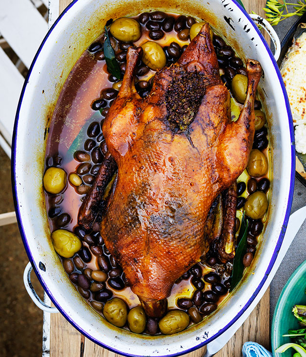 Slow-roast duck with quinoa, saffron and olives
