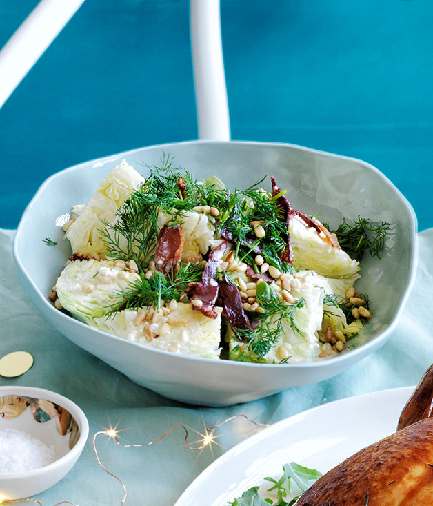 Iceberg lettuce salad with bacon, pine nuts & buttermilk dressing