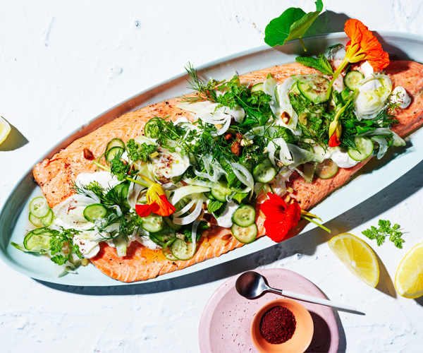 Roast ocean trout with cucumber and preserved lemon salad