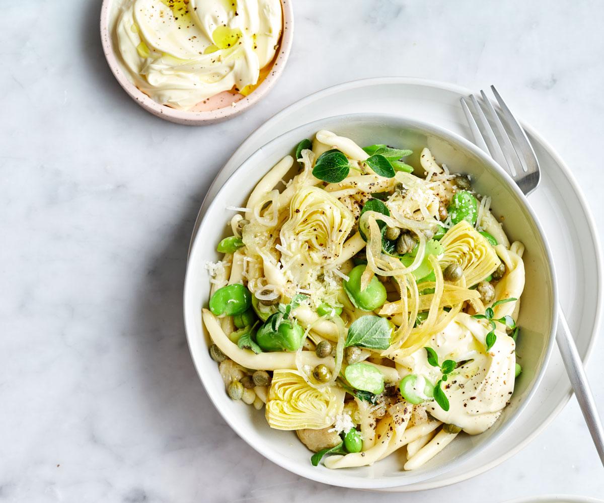 Artichoke, broad bean and pecorino pasta salad recipe Gourmet Traveller