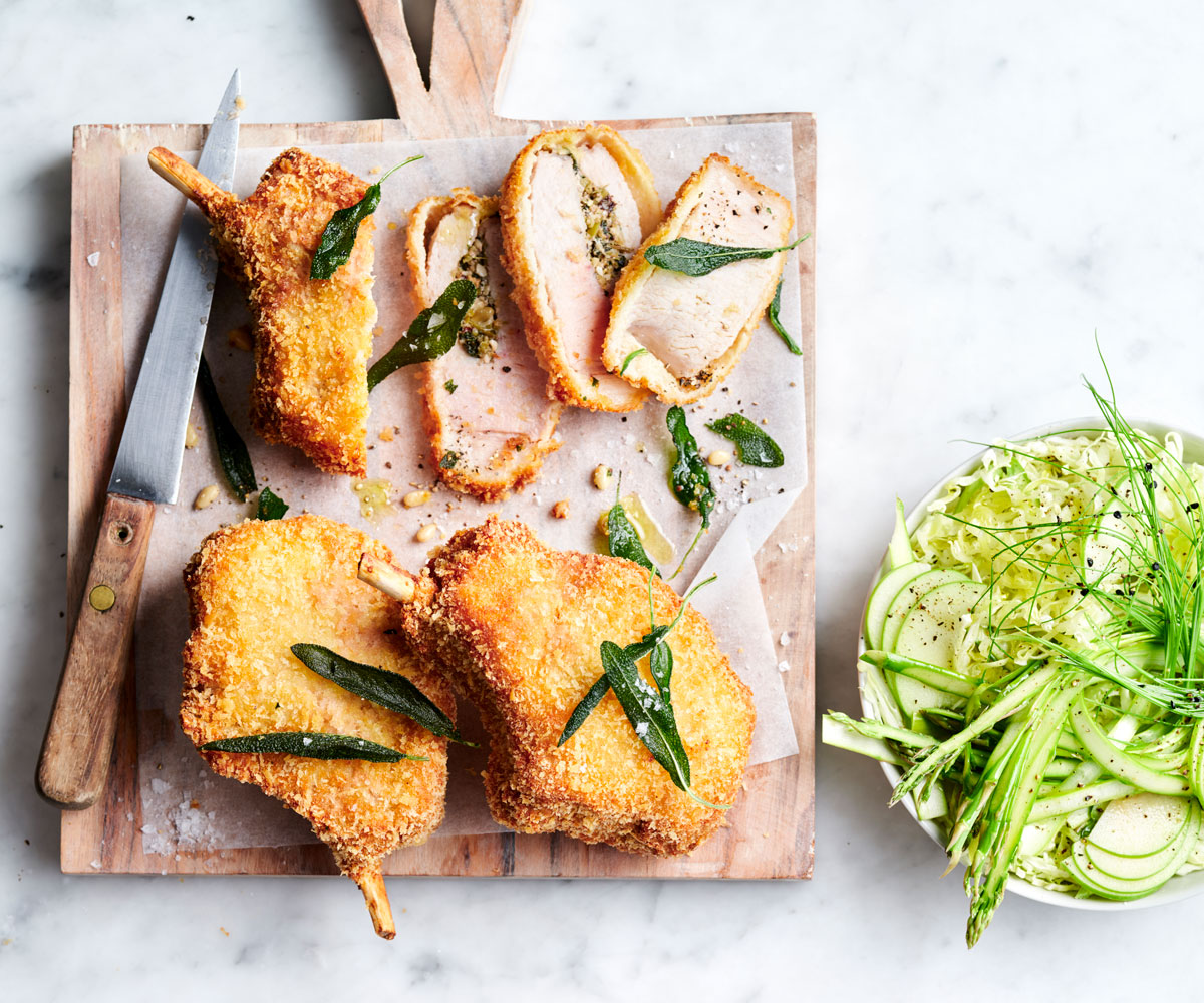 Stuffed pork cutlet with asparagus slaw recipe Gourmet Traveller