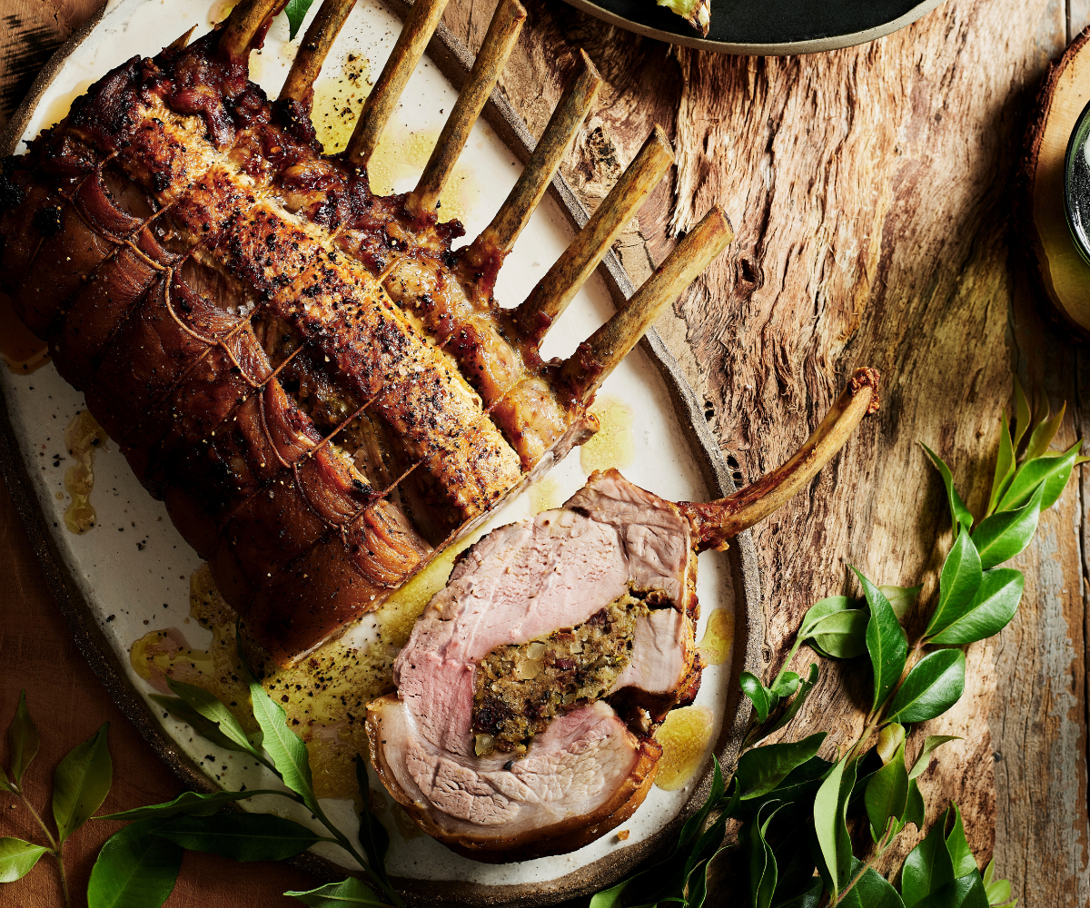 Plate of roast pork rack with lemon myrtle and cranberry stuffing