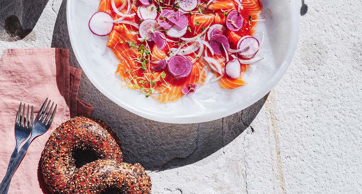Citruscured salmon with horseradish cream and bagels recipe Gourmet