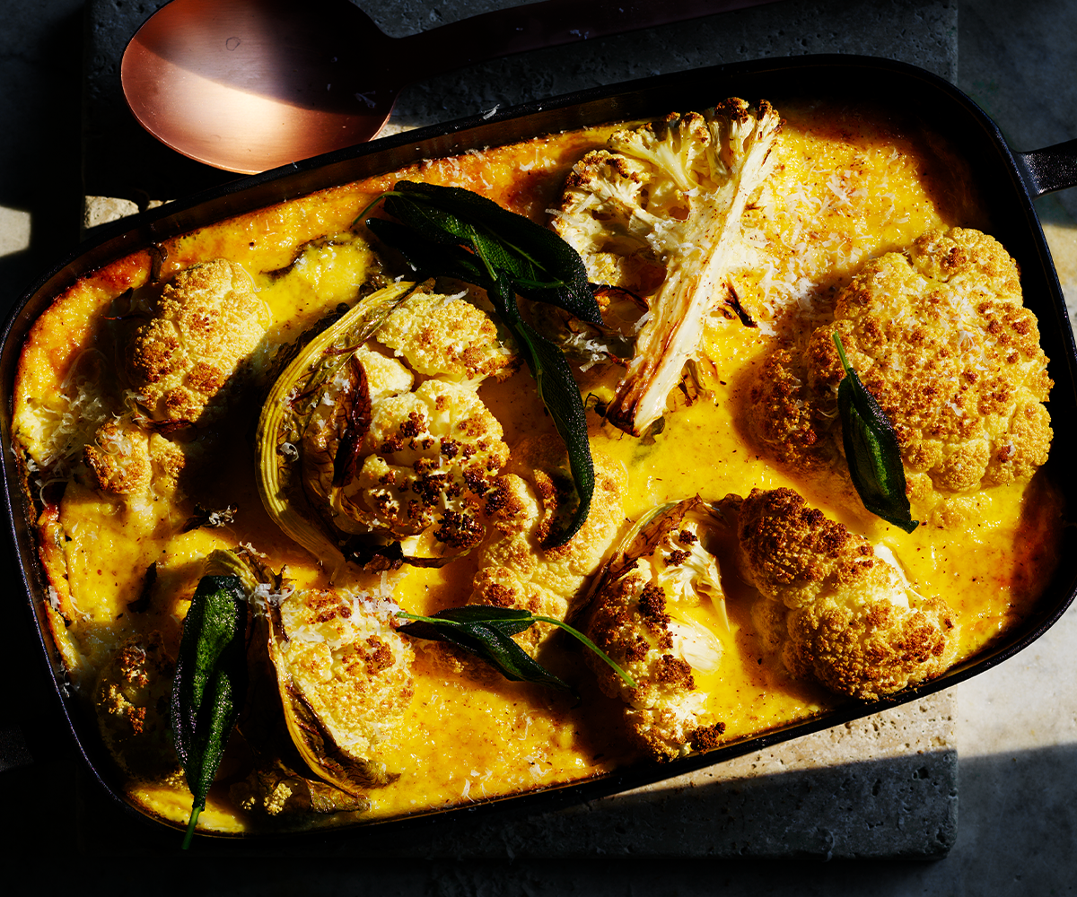 Baked cauliflower recipe with cheese custard Gourmet Traveller